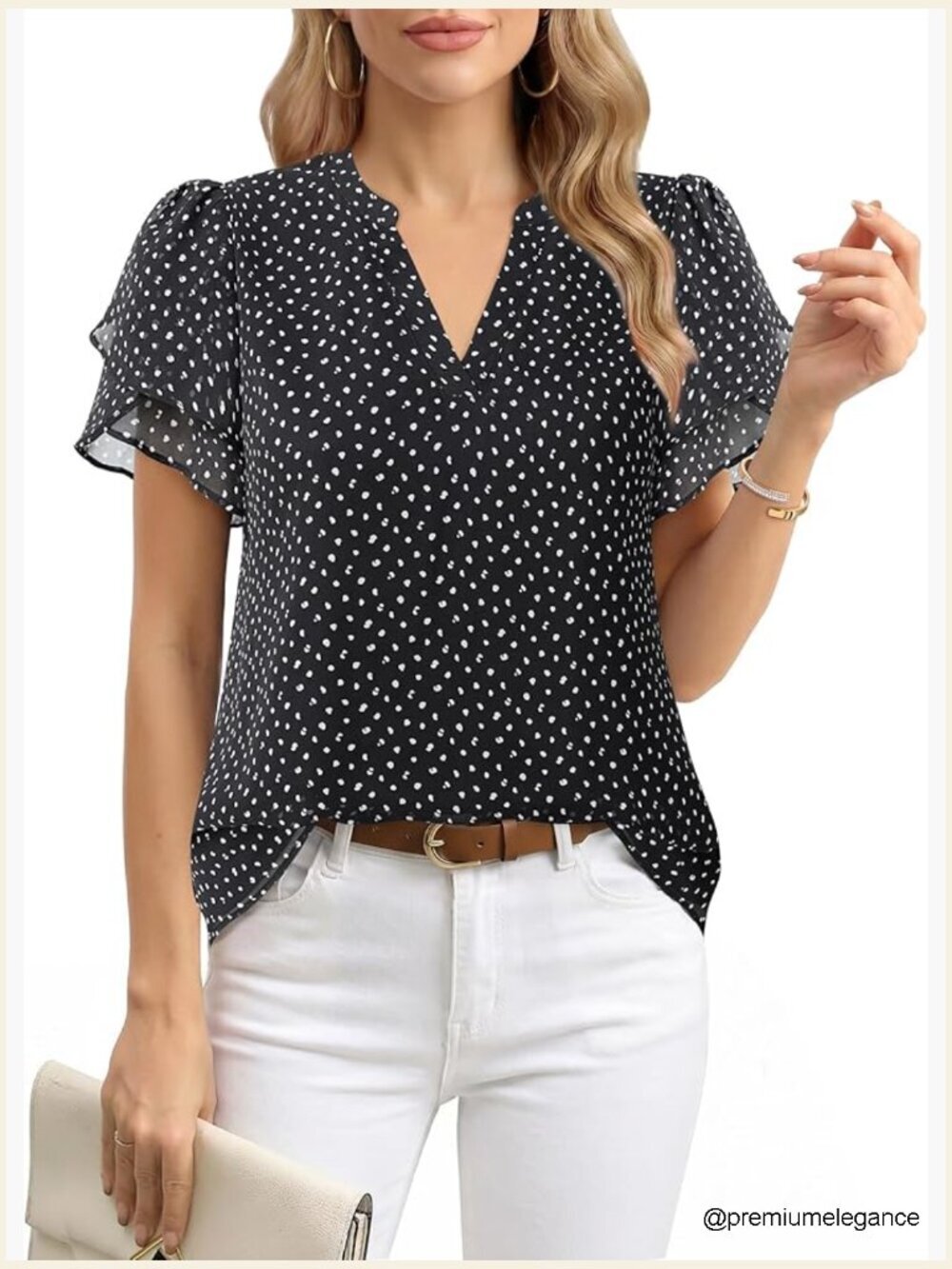 V Neck Puff Short Sleeve Blouse - Chiffon Summer Work Top